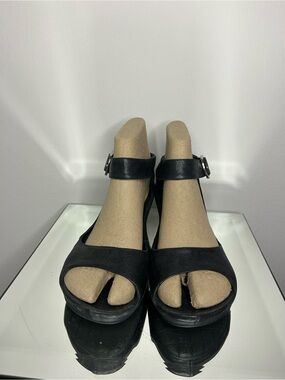 LOGAN Black Leather Wedge Sandal Heel with Silver Buckle Closure